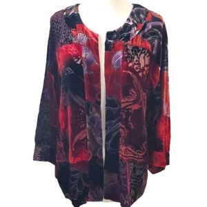 Chico's Patchwork Silk Crushed Velvet Open Front Kimono Jacket Black Red Sz M